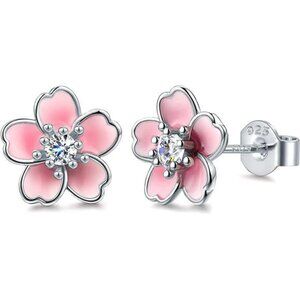 Pink Flower Stud Earrings for Women Sterling Silver Cherry Blossom Hypoallergeni